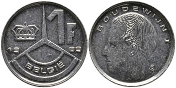 БЕЛЬГИЯ 1 ФРАНК 1989 BELGIE KM 171 сталь плакированная никелем 99-1238