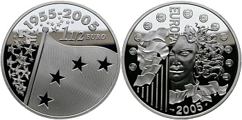 Франция 1 1/2 евро 2005 50 лет флагу объединенной Европы (1955-2005) KM 1434 серебро PROOF 1095-3-34