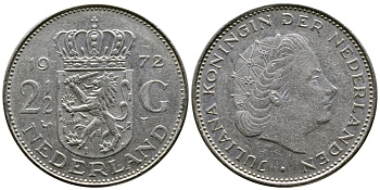 Нидерланды 2 1/2 гульдена 1972 Юлиана (1948-1980) KM 191 никель 75-332