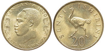 Танзания 20 центов 1970 KM 2 никель латунь UNC 4519-841