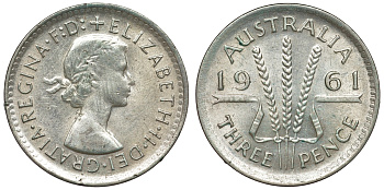 Австралия 3 пенса 1961 m, Елизавета II (1952-2022) KM 57 серебро 71-713