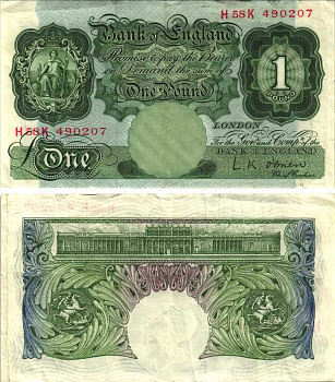 АНГЛИЯ 1 ФУНТ 1955-1960 ЗЕЛЕНЫЙ, ПОДПИСЬ L.K. O'BRIEN Pick 369с бумага VF 7218-35-3