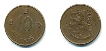 Финляндия 10 пенни 1920 республика (1918-1962) KM 24 медь 36-1057