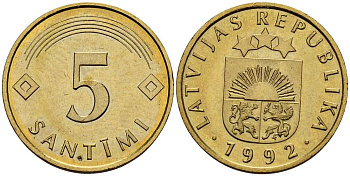 Латвия 5 сантимов 1992 KM 16 латунь 3955-922
