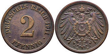 ГЕРМАНИЯ 2 ПФЕННИГА 1911 D KM 16, Jager 11, Weege 4 медь 4546-712