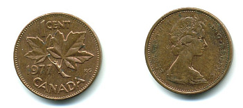 Канада 1 цент 1977 Елизавета II (1952-2022), кленовый лист KM 59.1 бронза 540-741