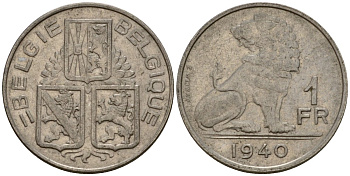 Бельгия 1 франк 1940 Belgie - Belgique KM 120 никель 217-852