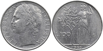 Италия 100 лир 1963 R, Афина в доспехах KM 96.1 нержавеющая сталь 4165-146