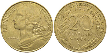 Франция 20 сантимов 1984 тип Marianne KM 930, Le Franс 156.24 медь алюминий никель 175-853