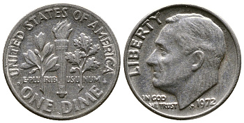 США 10 ЦЕНТОВ = 1 ДАЙМ 1972 РУЗВЕЛЬТ KM 195а медь плакированная медно-никелем 08-1462