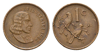 ЮАР 1 цент 1966 Ян ван Рибек (1619-1677), Suid Africa, легенда на африкаанс, капские воробьи KM 65.2 бронза 4690-1161
