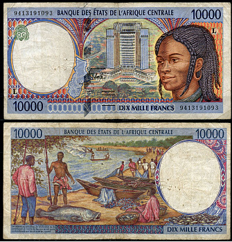 Центрально-африканские штаты, Габон 10000 франков 1994 Здание Банка центральноафриканских государств (Яунде, Камерун) Pick 405L a  бумага   6285-41-3-1