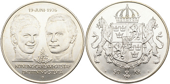 Швеция 50 крон 1976 U, королевская свадьба Карла XVI и королевы Сильвии KM 854 серебро UNC 4552-914