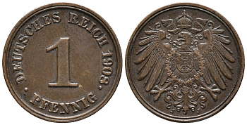 ГЕРМАНИЯ 1 ПФЕННИГ 1908 J KM 10, J. 10 медь 100-1255