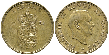 ДАНИЯ 1 КРОНА 1954 N; S, ФРЕДЕРИК IX (1947-1972) KM 837.1 алюминиевая бронза 32-315