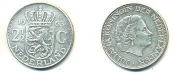 Нидерланды 2 1/2 гульдена 1963 Юлиана (1949-1980) KM 185 серебро 83-632