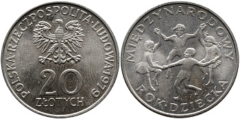 Польша 20 злотых 1979 Международный год детей KM 99 медно-никель UNC 441-845
