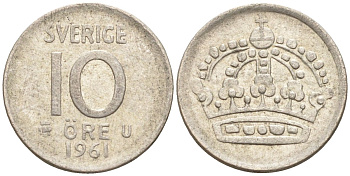 Швеция 10 эре 1961 Густав VI Адольф (1950-1973) KM 823 серебро 4147-932