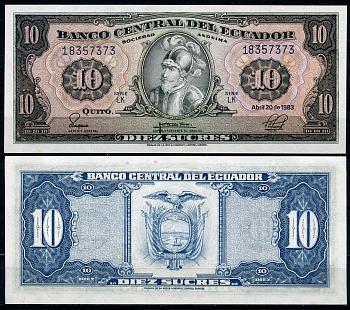 Эквадор 10 сукре 1983 Себастьян де Белалькасар, серия LK Pick 114 b  бумага  UNC (пресс) 447-86-2-2
