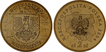 Польша 2 злотых 2004 MW, серия польские воеводства, Малопольское воеводство KM 488 нордик UNC 4676-134