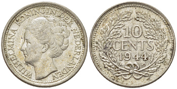 Нидерланды 10 центов 1944 Вильгельмина (1890-1948) KM 163 серебро aUNC 66-1242