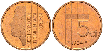 Нидерланды 5 центов 1984 Беатрикс (1980-2013) KM 202 бронза UNC 4116-234