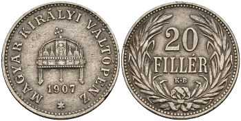 Венгрия 20 филлеров 1907 KB, Франц Иосиф I (1848-1916), редкий год KM 483 никель 4151-955