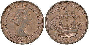 Великобритания 1/2 пенни 1964 Елизавета II (1952-2022) KM 896, Spink 4158 бронза 4146-313