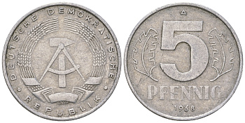 ГДР 5 пфеннигов 1968 A KM 9.1 алюминий 4625-237