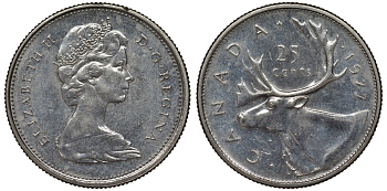 Канада 25 центов 1977 Елизавета II (1952-2022), олень карибу KM 62b никель 4128-651