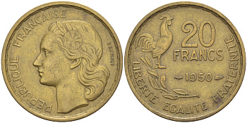 ФРАНЦИЯ 20 ФРАНКОВ 1950 ПЕТУХ, 4 ПЕРА KM 917.1, LE FRANC 402.3 алюминиевая бронза 76-1025