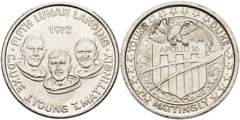 США жетон 1972 APPOLO 16, ПЯТАЯ ЛУННАЯ ЭКСПЕДИЦИЯ, C.DUKE, J.YOUNG, T.MATTINGLY, диаметр 26 мм. белый металл 111-713