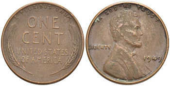 США 1 ЦЕНТ 1949 ЛИНКОЛЬН KM А132 медь цинк 218-528