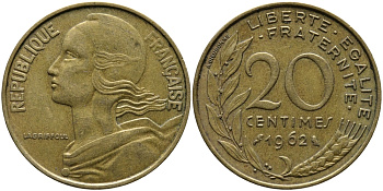 ФРАНЦИЯ 20 САНТИМОВ 1962 KM 930 медь алюминий никель 98-322