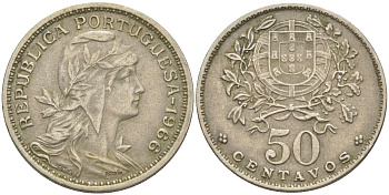 Португалия 50 сентаво 1966 голова Свободы вправо KM 577 медно-никель 219-856