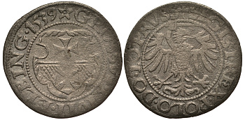 Польша, Эльблонг 1 грош 1539 Сигизмунд I Старый (1506-1548), король Польский и великий князь Литовский, вес 1,61 гр. серебро 1516-1343
