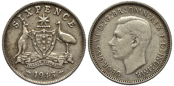 АВСТРАЛИЯ 6 пенсов 1945 m, Георг VI (1936-1952), ГЕРБ АВСТРАЛИИ, ПРОБА 925, ДИАМЕТР 19,4 ММ KM 38 серебро 4528-355