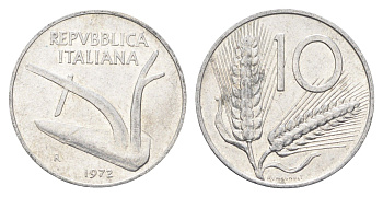Италия 10 лир 1972 R, плуг, колосья KM 93 алюминий 4704-541