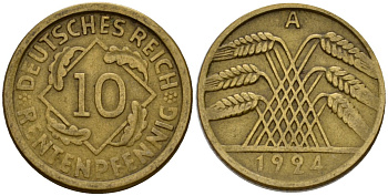 Германия 10 рентенпфеннигов 1924 A KM 33, J. 309 алюминиевая бронза 4602-268