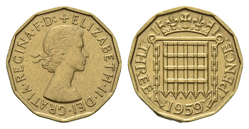 Великобритания 3 пенса 1959 Елизавета II (1952-2022) KM 900, Spink 4153 никель латунь 4121-615