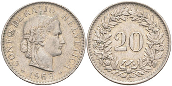 ШВЕЙЦАРИЯ 20 РАППЕНОВ 1963 В KM 29a медно-никель 55-833