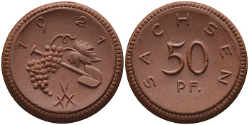 Саксония 50 пфеннигов 1921 виноград и лопата J. N 54 фарфор 1094-5-64