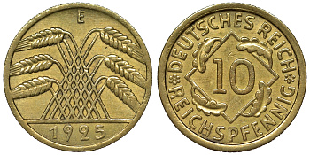 Германия 10 рейхспфеннигов 1925 E KM 40, J. 317 алюминиевая бронза 4121-913