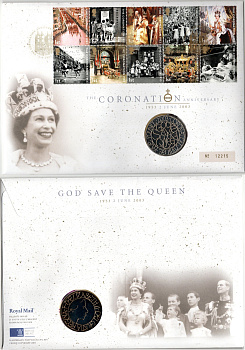 Великобритания 5 фунтов 2003 50 лет Коронации, в оригинальном конверте, с марками, первый день гашения KM 1038, Spink L12 медно-никель BU 8-2-06-51