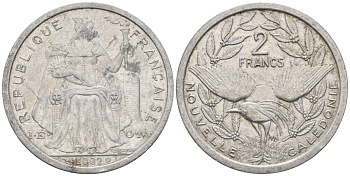 Французская Новая Каледония 2 франка 2002 птица кагу, (IEOM) KM 14, Schoen 11, Lec 68g алюминий    28-617