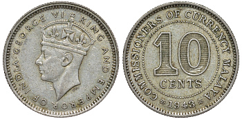 Британская Малайя 10 центов 1943 Георг VI (1937-1952) KM 4a серебро 53-224