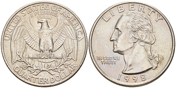 США 25 центов = квотер 1998 D, Вашингтон KM A164a медь плакированная медно-никелем 4114-944
