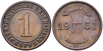 ГЕРМАНИЯ 1 РЕЙХСПФЕННИГ 1931 G KM 37, J. 313, Weege 2 бронза 4547-159