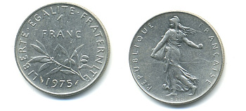 ФРАНЦИЯ 1 ФРАНК 1975 СЕЯТЕЛЬ KM 925.1 никель 57-247