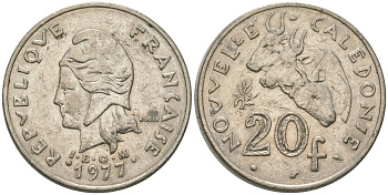 Французская Новая Каледония 20 франков 1977 три быка, (IEOM) KM 12, Schoen 14, Lec 107 никель 4120-641